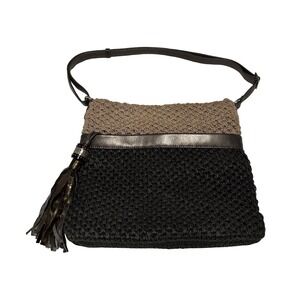 BRIGHTON Woven Raffia and Leather Messanger Bag in Black and‎ Beige 12 x 11 x 2